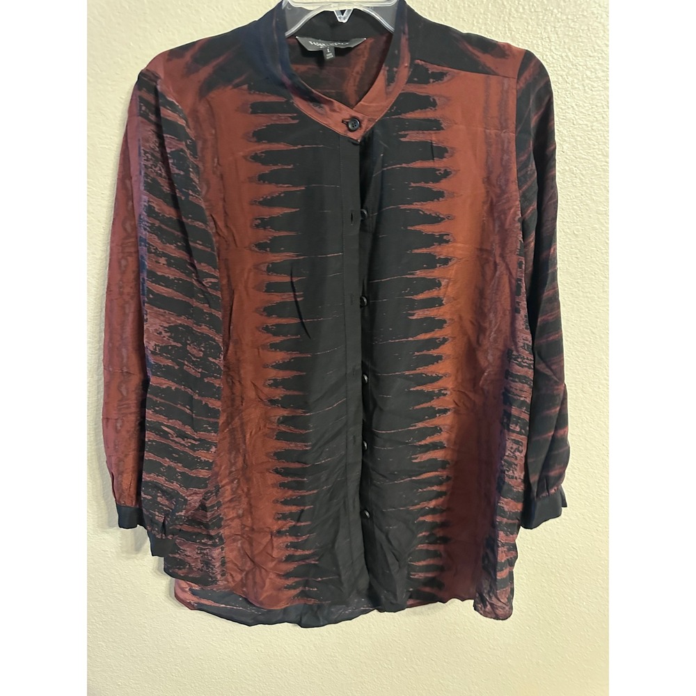 Waverly Grey Silk Button Down Blouse Top Long Sleeve Brown Black Large